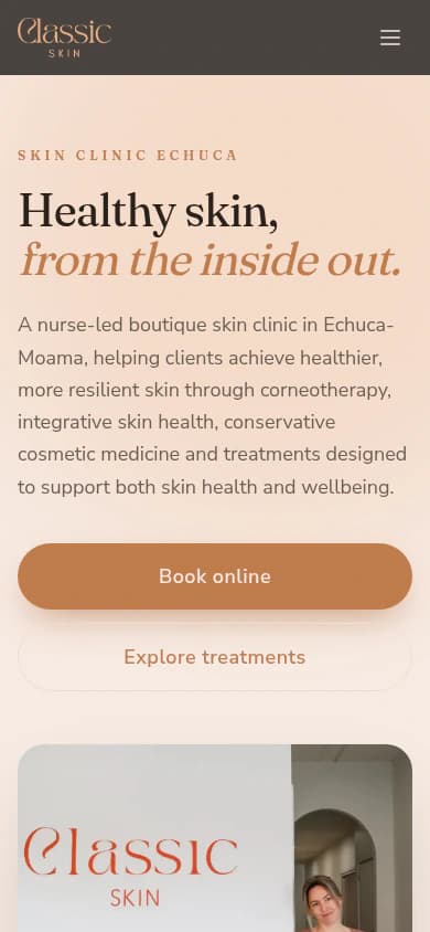 Classic Skin website, mobile view