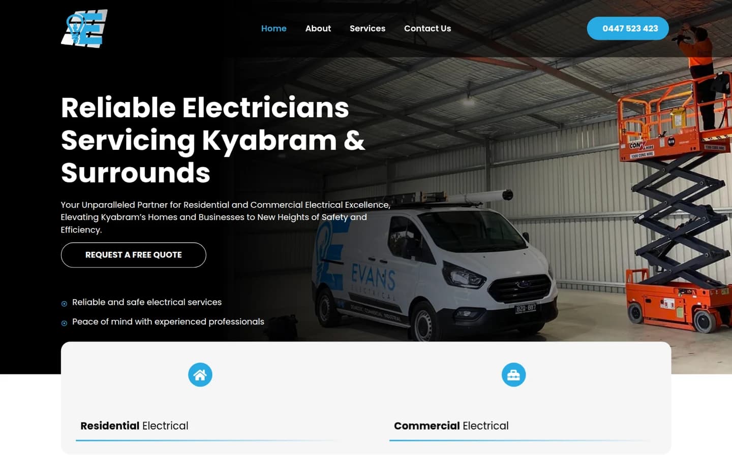 Evans Electrical & Solar website built by Hike, desktop view