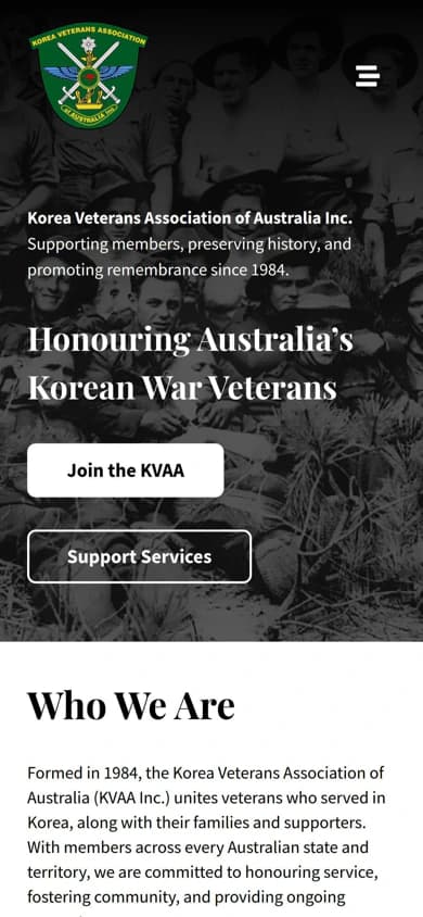 Korea Veterans Association of Australia website, mobile view