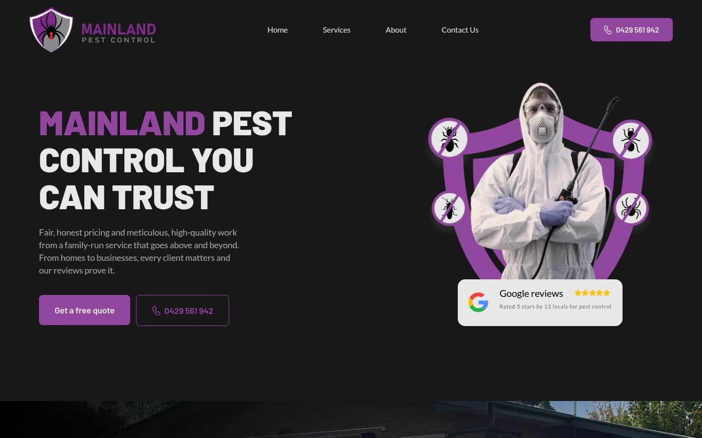Mainland Pest Control website built by Hike, desktop view