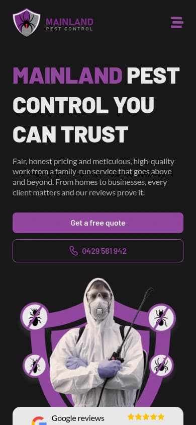 Mainland Pest Control website, mobile view