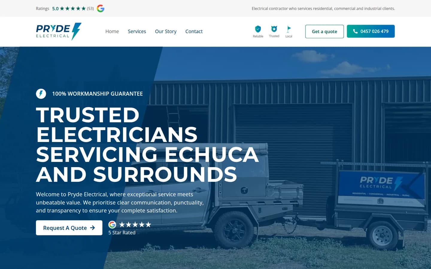 Pryde Electrical website built by Hike, desktop view