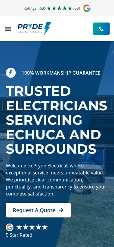 Pryde Electrical website, mobile view