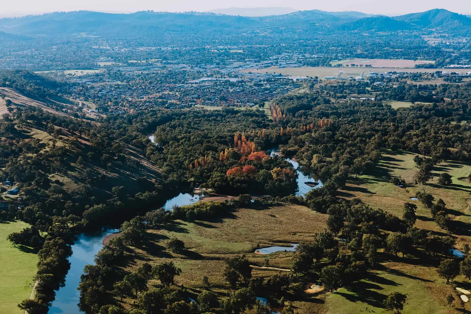 Aerial view of Albury and the Murray River valley on the NSW and Victorian border