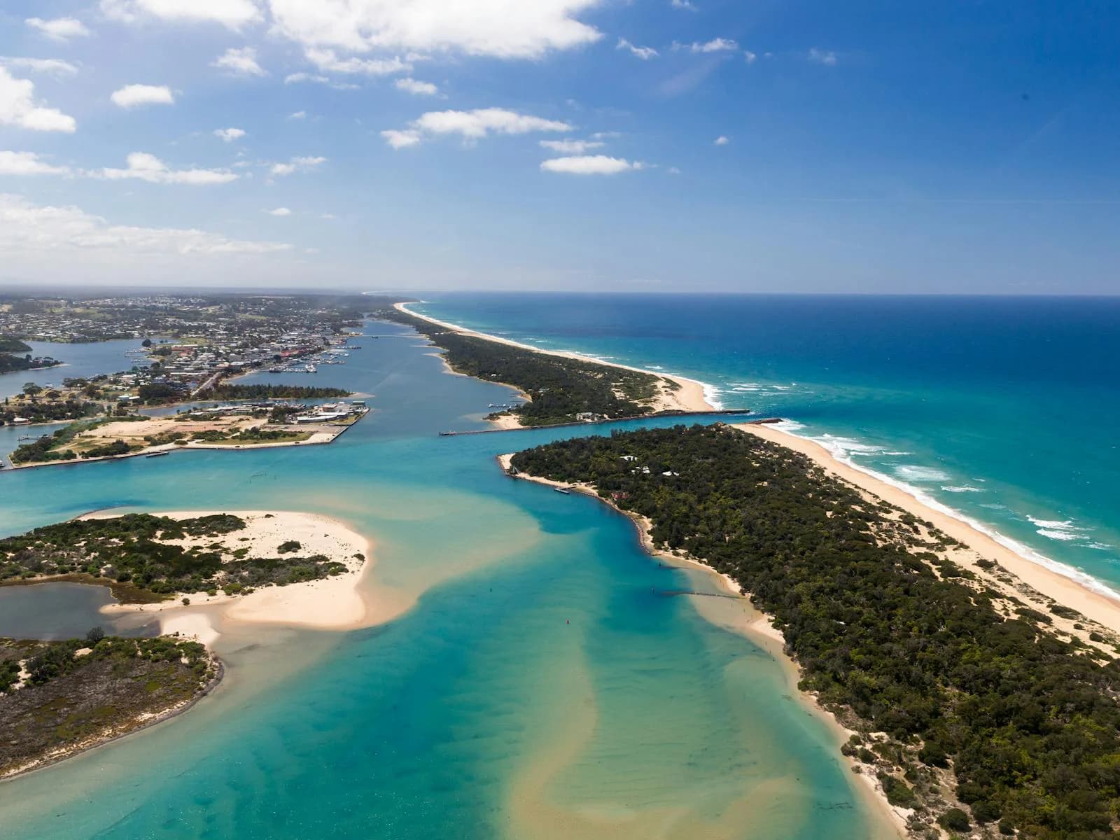Aerial view of the Gippsland Lakes and Ninety Mile Beach near Bairnsdale, East Gippsland, Victoria
