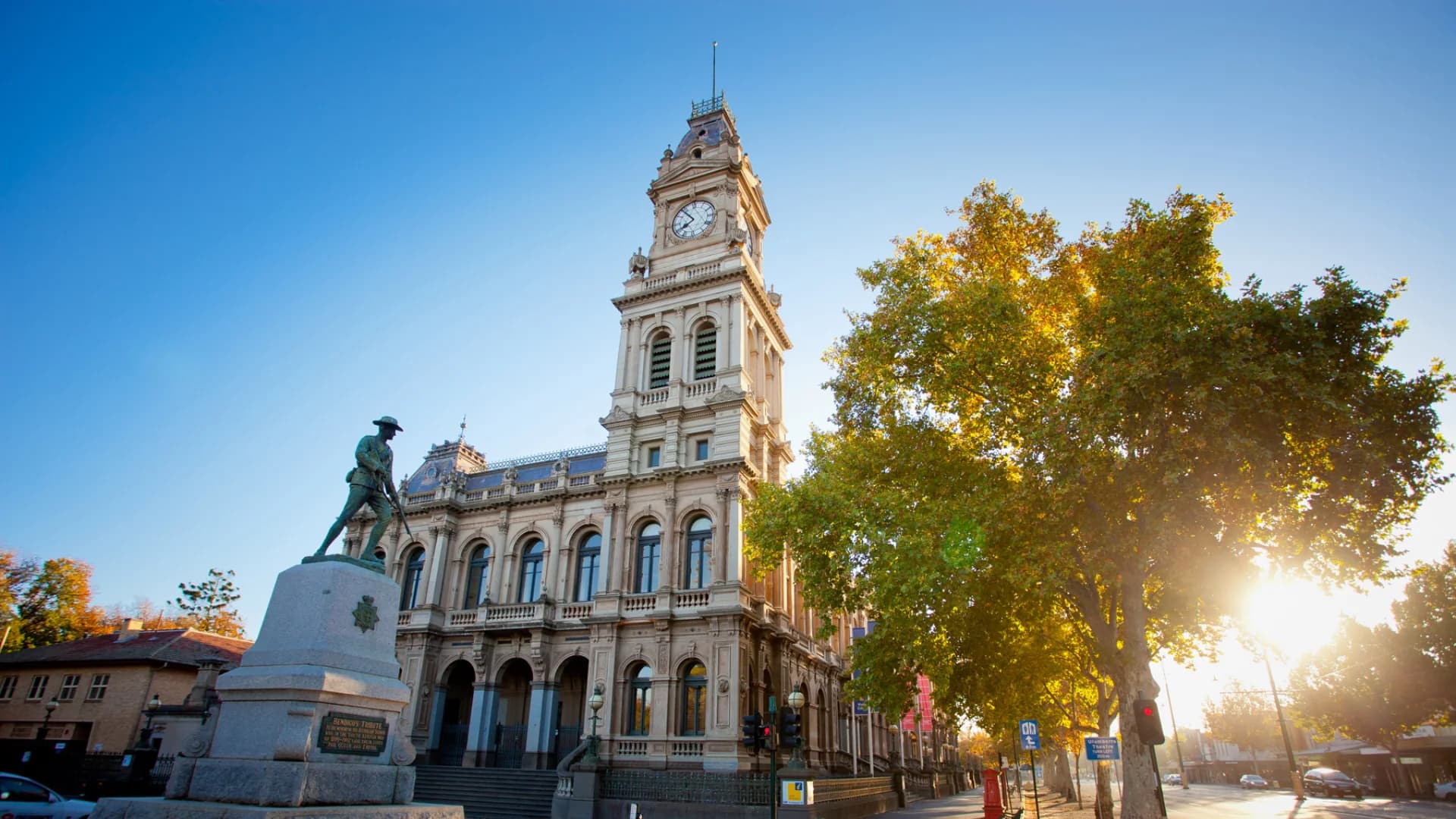 The historic Bendigo Post Office clock tower and Soldiers Memorial on Pall Mall, Bendigo, Victoria