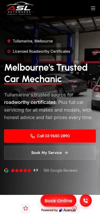 ASL Auto Works website, mobile view