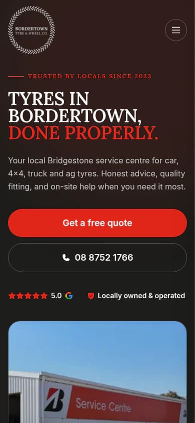 Bordertown Tyre & Wheel Co. website, mobile view