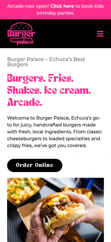 Burger Palace website, mobile view