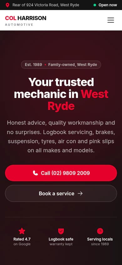 Col Harrison Automotive website, mobile view