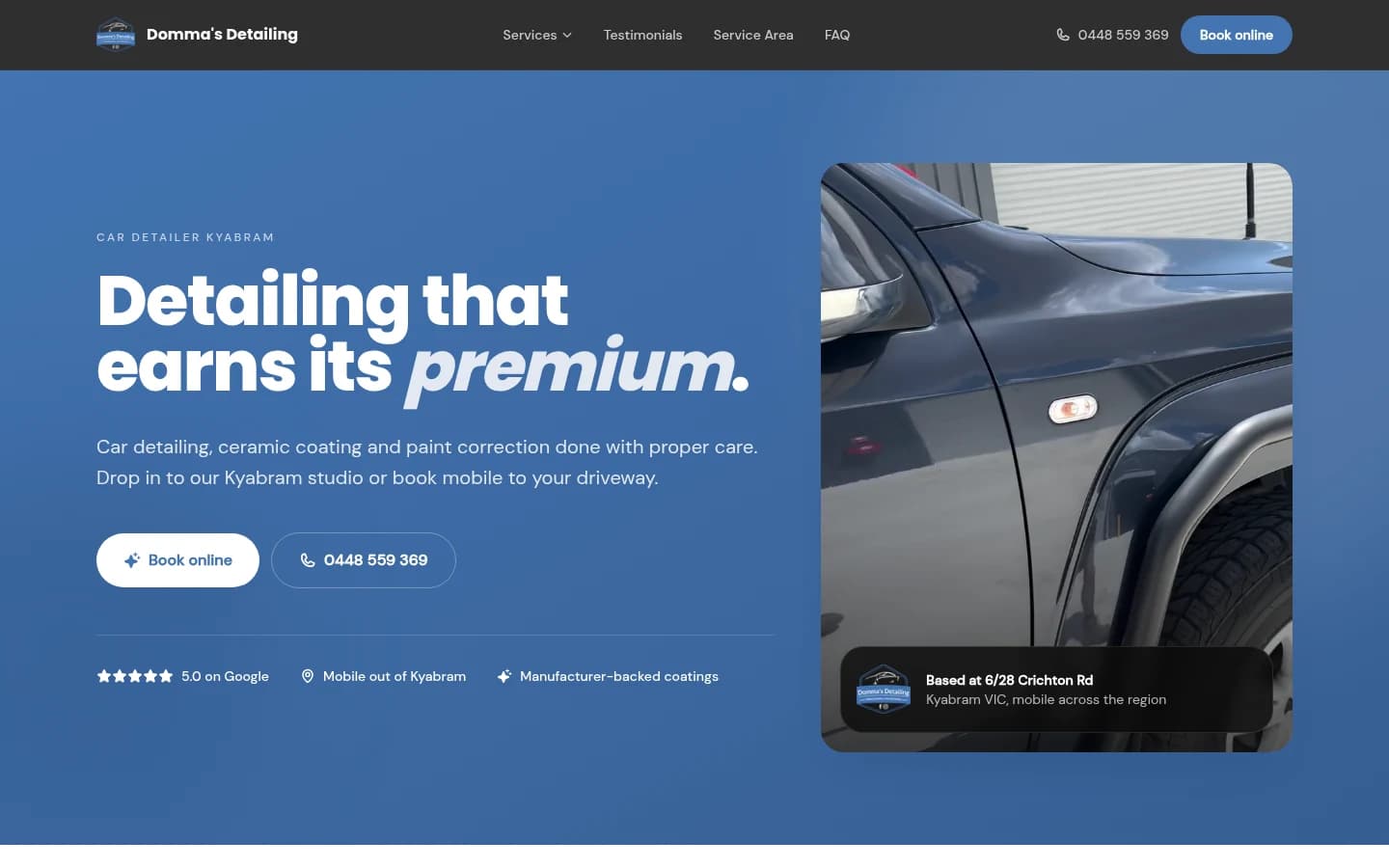 Domma’s Detailing website built by Hike, desktop view