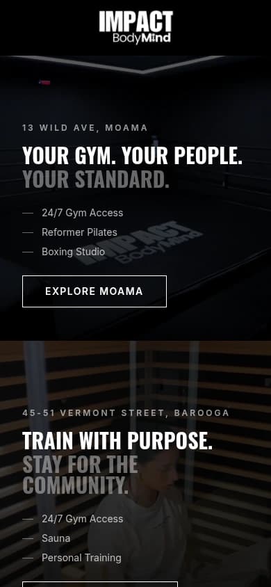 Impact Body Mind website, mobile view