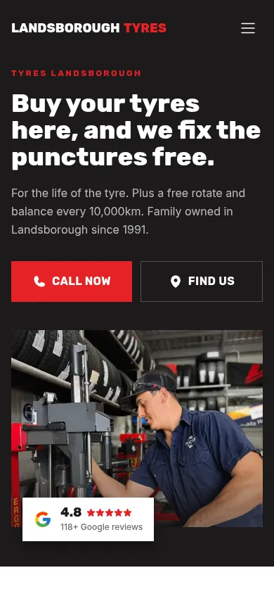 Landsborough Tyres website, mobile view