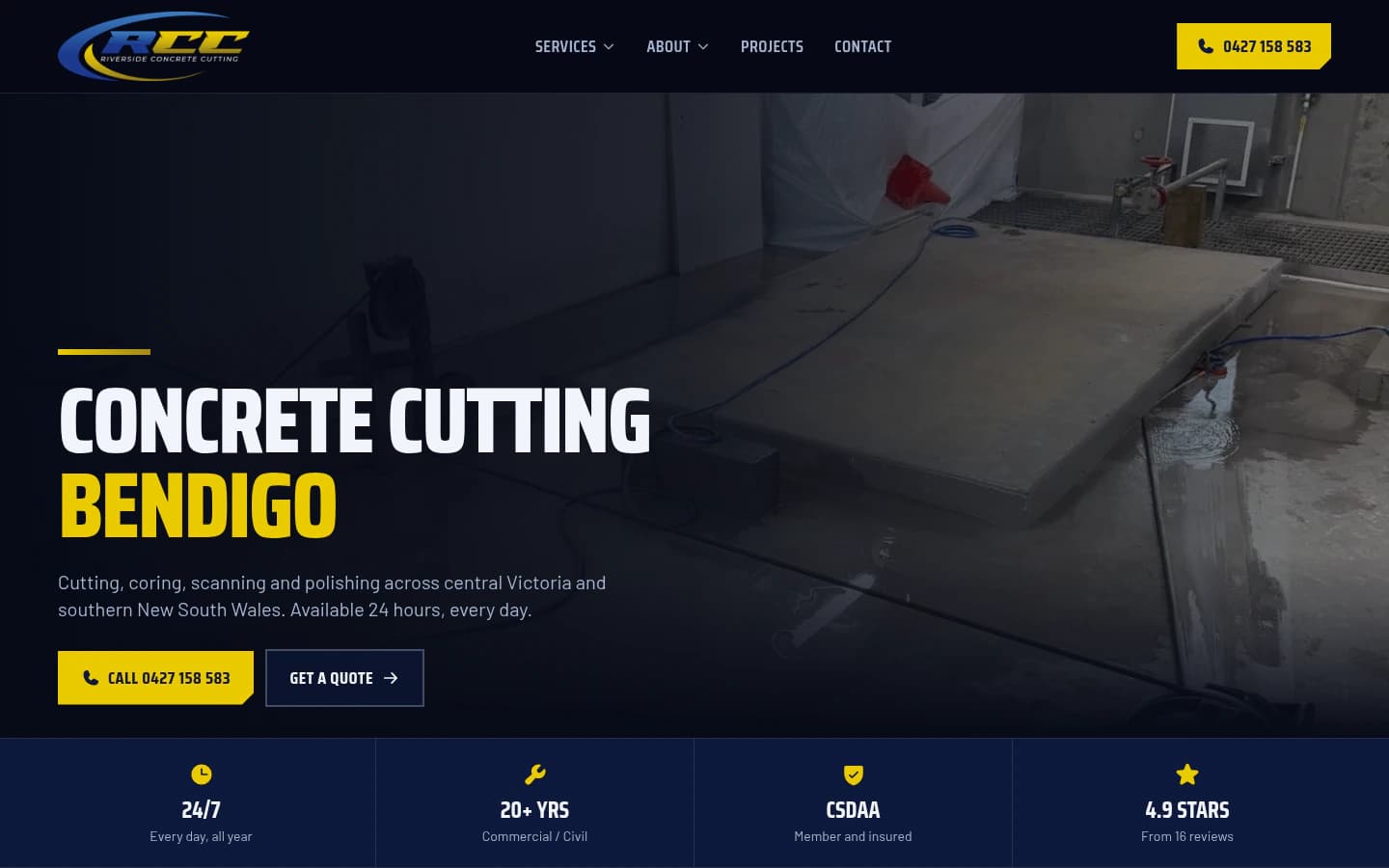 Riverside Concrete Cutting website built by Hike, desktop view