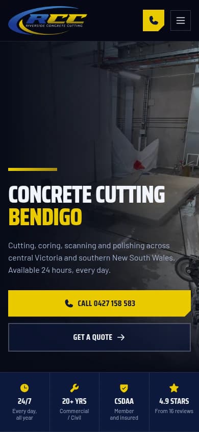 Riverside Concrete Cutting website, mobile view