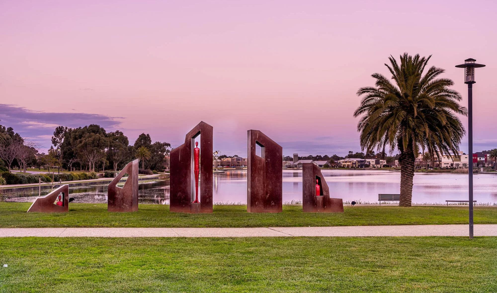 Sculptures beside the lake at Cardinia Lakes in Pakenham, southeast Melbourne, Victoria