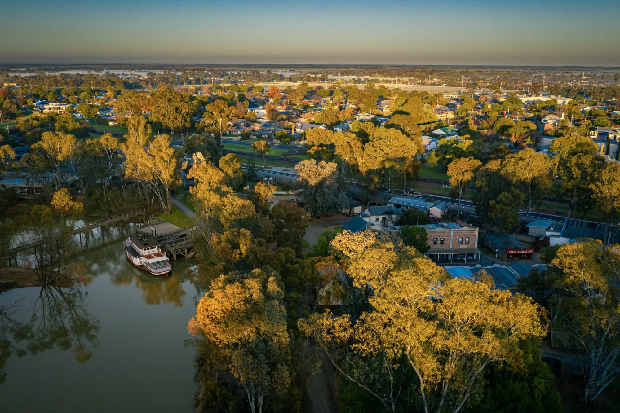 Aerial view of Swan Hill on the Murray River at sunrise, where Hike builds and ranks local business websites